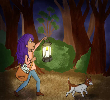 Girl holding a lantern as she walks behind her small dog.