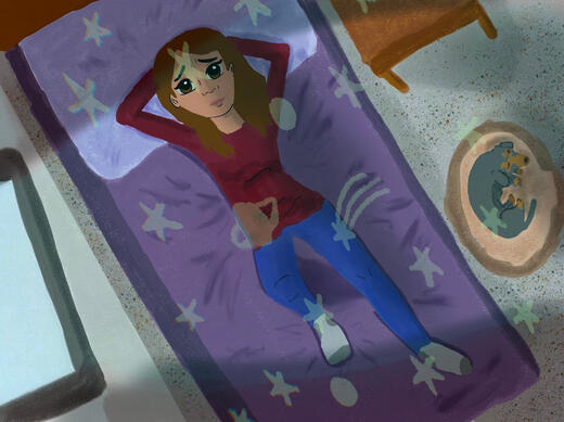 Girl lying on her bed wishing with her glow in the dark stars, dog in bed on the floor next to her bed.