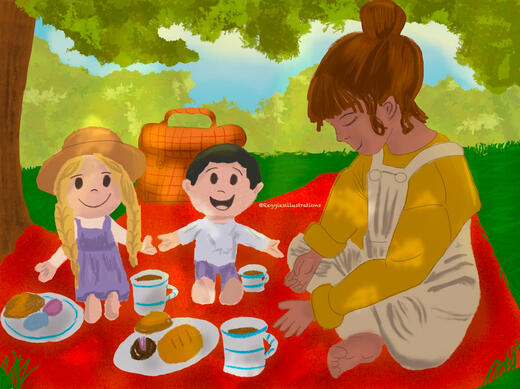 Little girl having a picnic with two dolls outside.