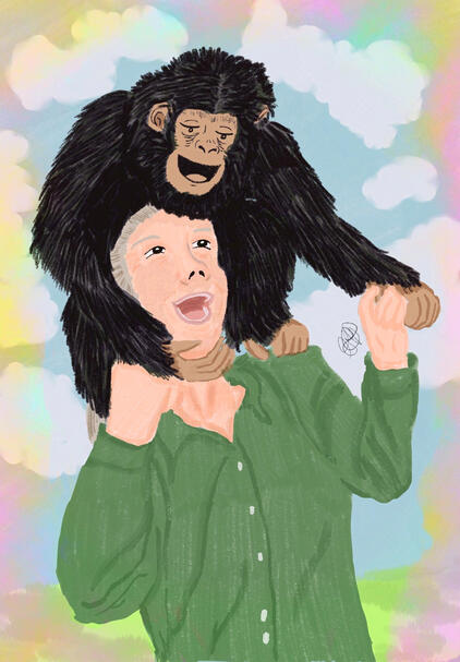 Jane Goodall laughing with a chimpanzee on her shoulders playing