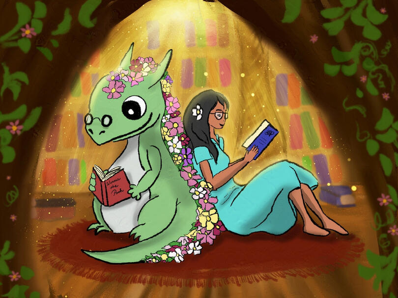 Girl reading back to back with a flower dragon in a treehouse filled with books in the background.