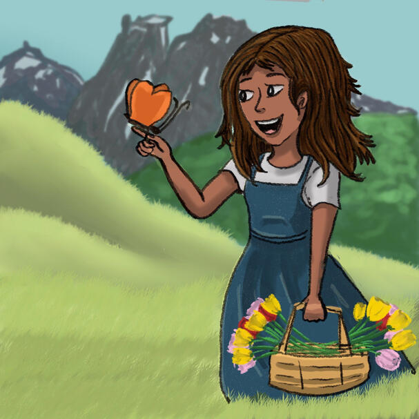Girl with a basket of flowers and holding a butterfly on her index finger. Girl is smiling with mountains in the background
